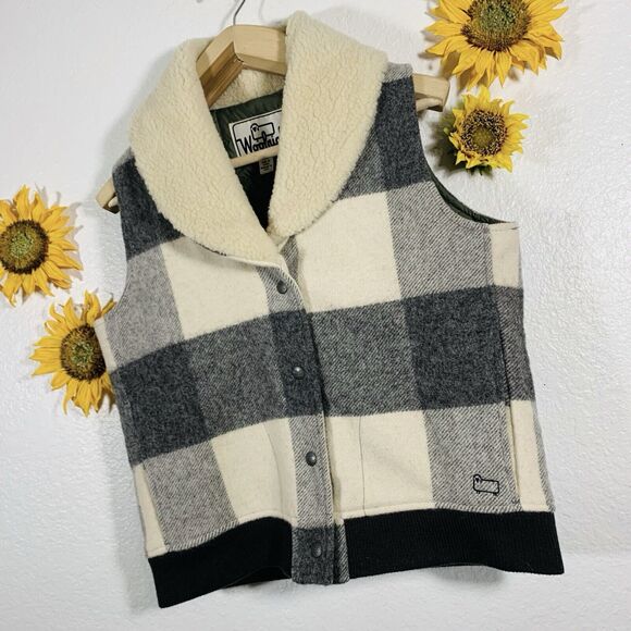Woolrich Wool Blend Plaid Buffalo White Gray Vest Women’s EUC Size Medium - Picture 7 of 16
